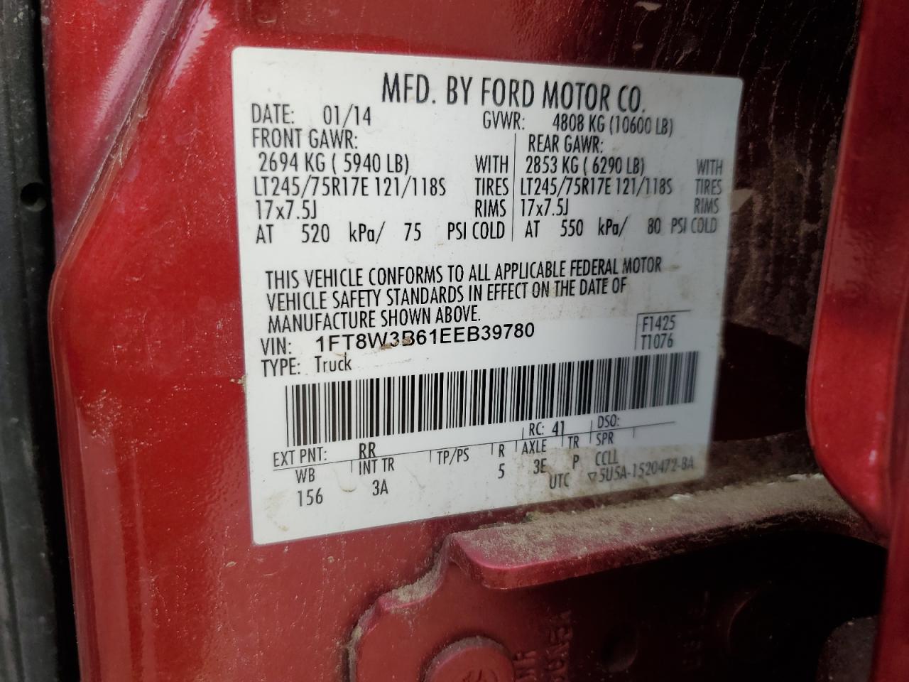 2014 Ford F350 Super Duty VIN: 1FT8W3B61EEB39780 Lot: 64756104