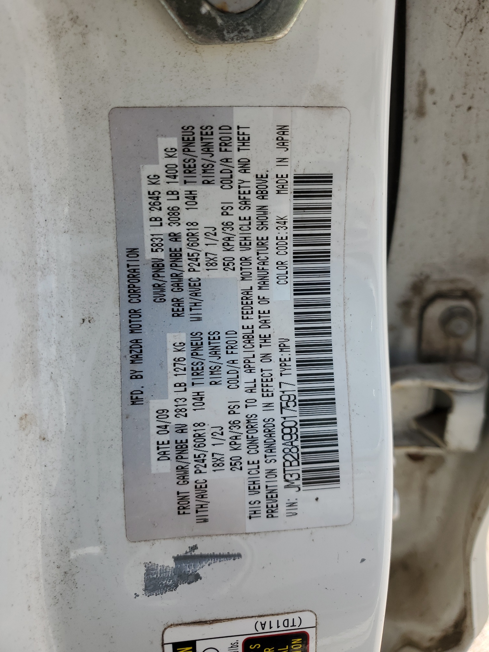 JM3TB28A990175917 2009 Mazda Cx-9