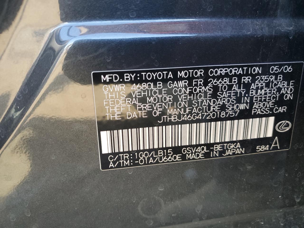 2007 Lexus Es 350 VIN: JTHBJ46G472018757 Lot: 64214784