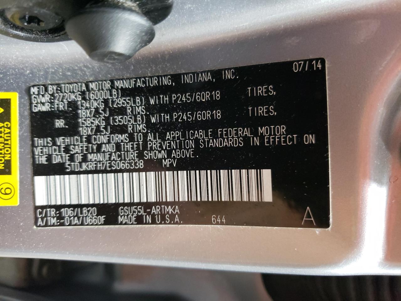 2014 Toyota Highlander Xle VIN: 5TDJKRFH7ES066338 Lot: 65494194