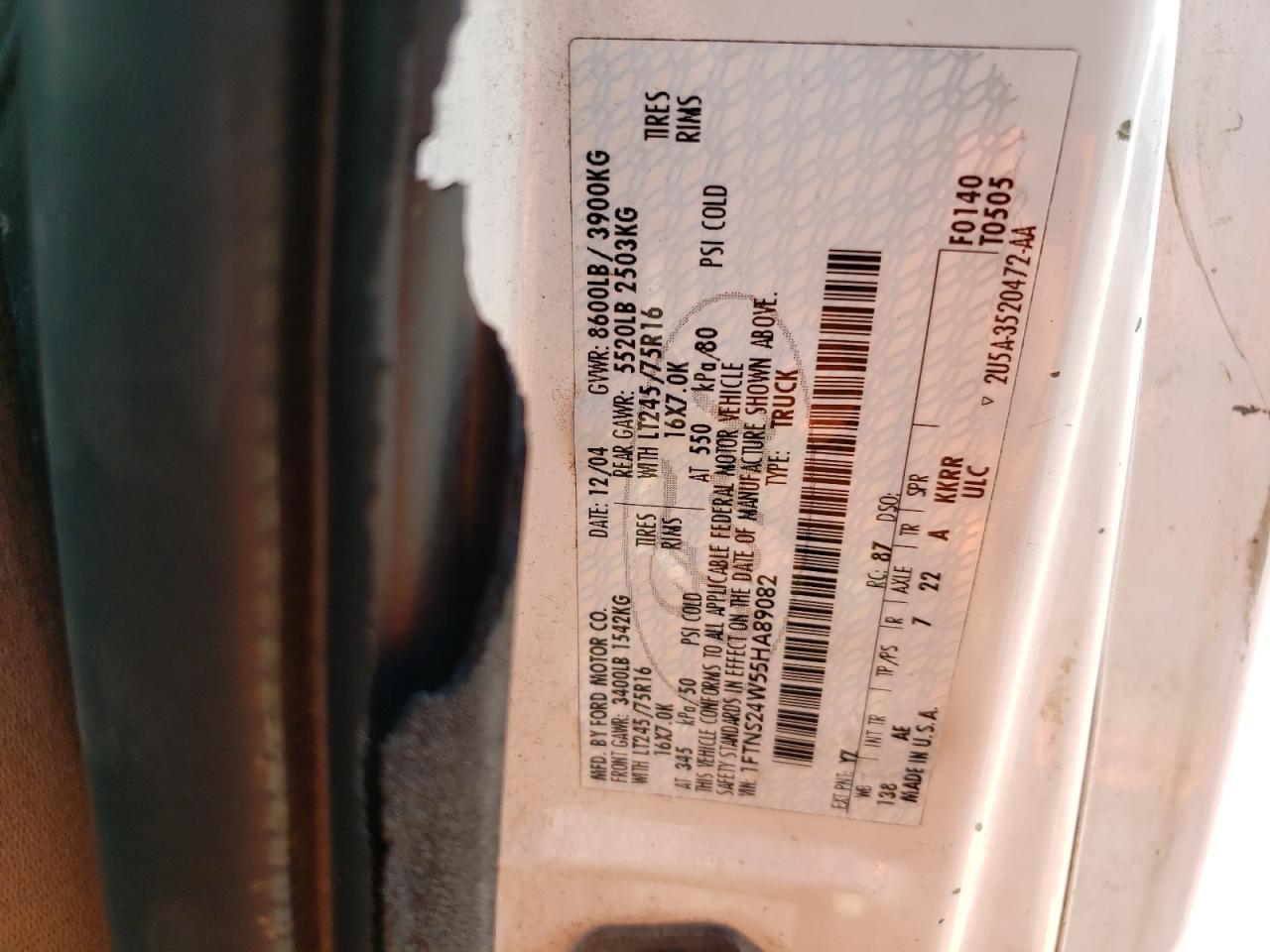 2005 Ford Econoline E250 Van VIN: 1FTNS24W55HA89082 Lot: 63425314