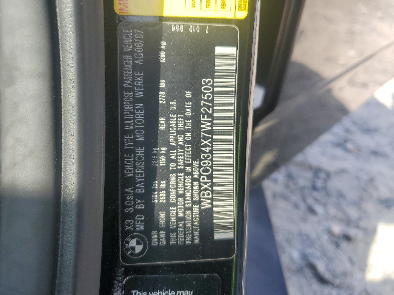 WBXPC934X7WF27503 2007 BMW X3 3.0Si