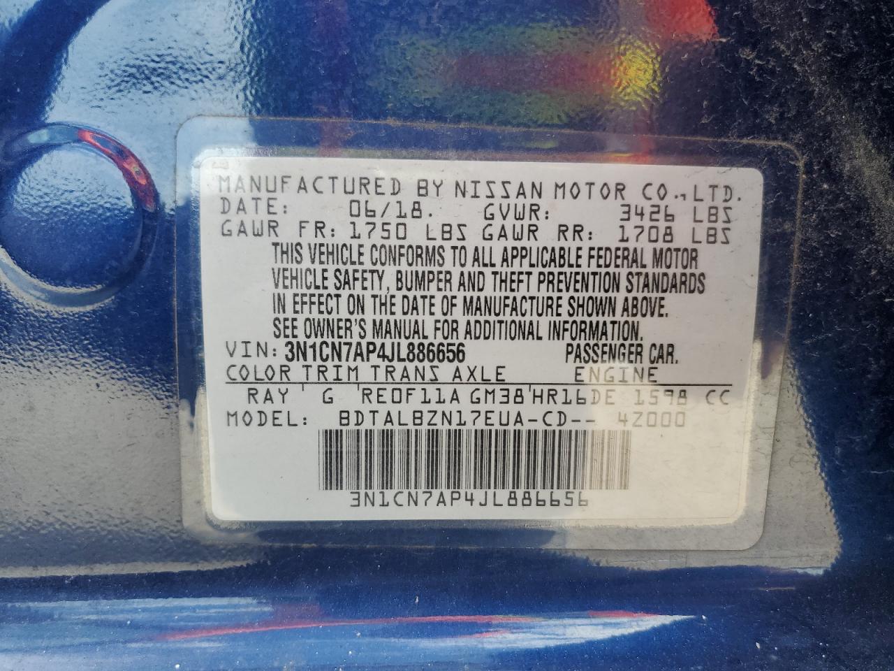 2018 Nissan Versa S VIN: 3N1CN7AP4JL886656 Lot: 61420184