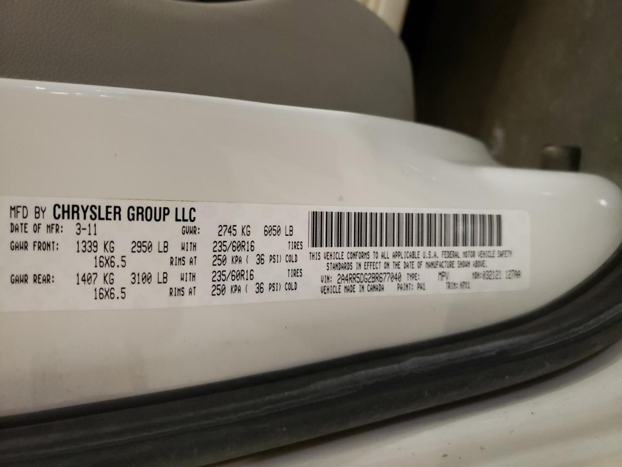 2011 Chrysler Town & Country Touring VIN: 2A4RR5DG2BR677040 Lot: 62966954