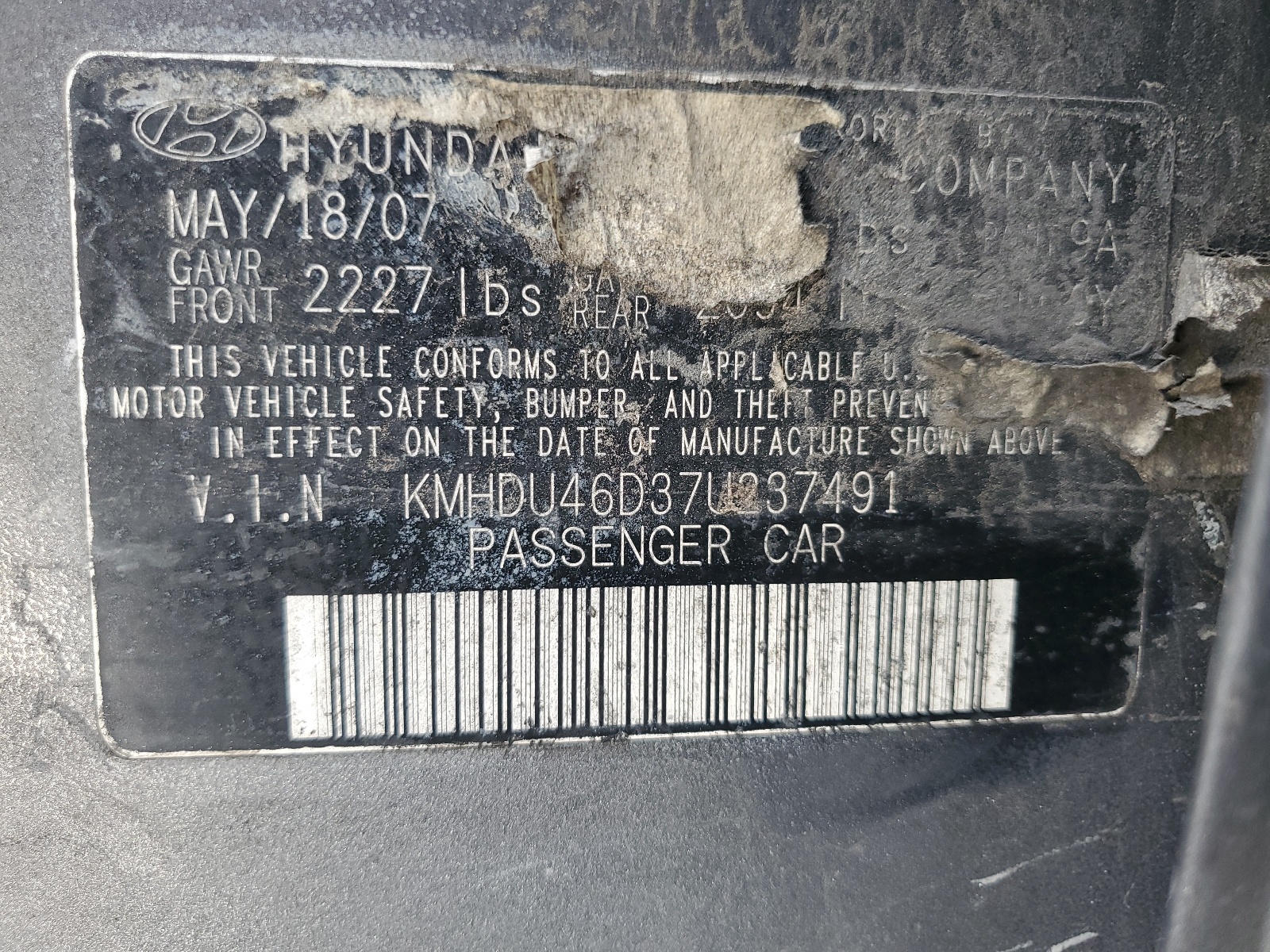 KMHDU46D37U237491 2007 Hyundai Elantra Gls