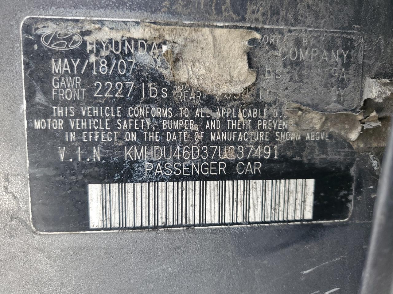 2007 Hyundai Elantra Gls VIN: KMHDU46D37U237491 Lot: 61759264