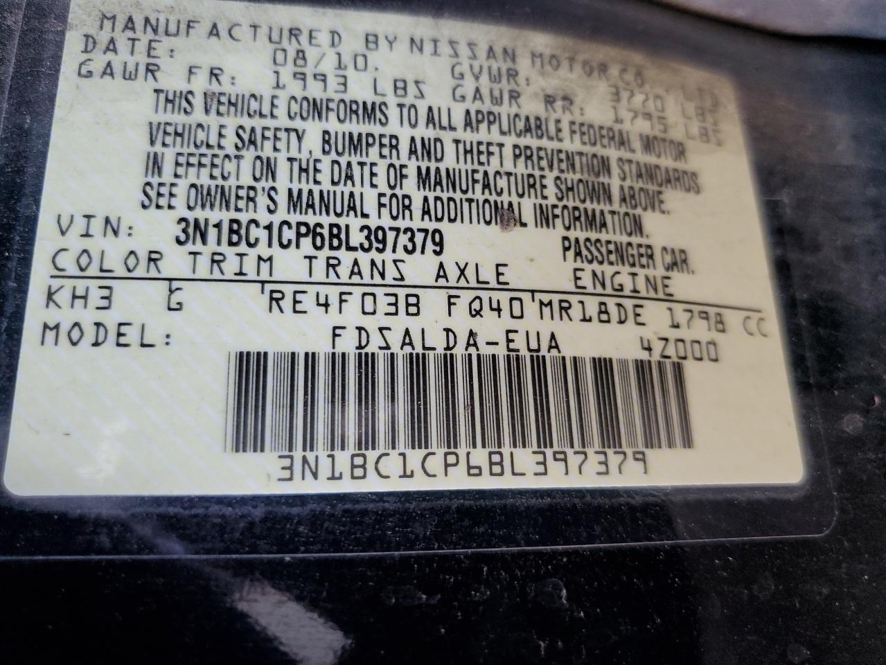 2011 Nissan Versa S VIN: 3N1BC1CP6BL397379 Lot: 64041354