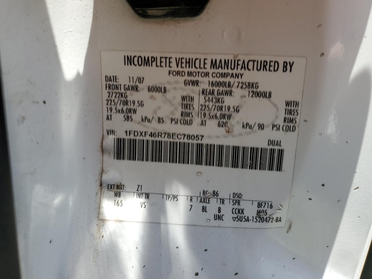 2008 Ford F450 Super Duty VIN: 1FDXF46R78EC78057 Lot: 64140864