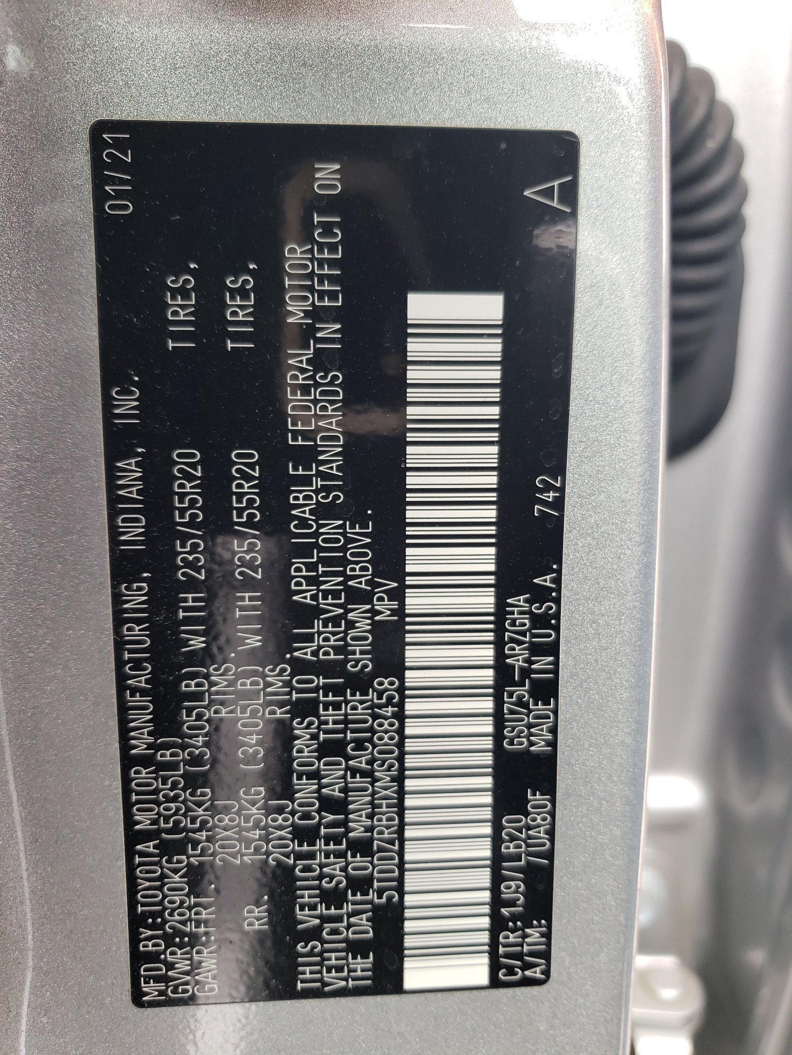 5TDDZRBHXMS088458 2021 Toyota Highlander Limited