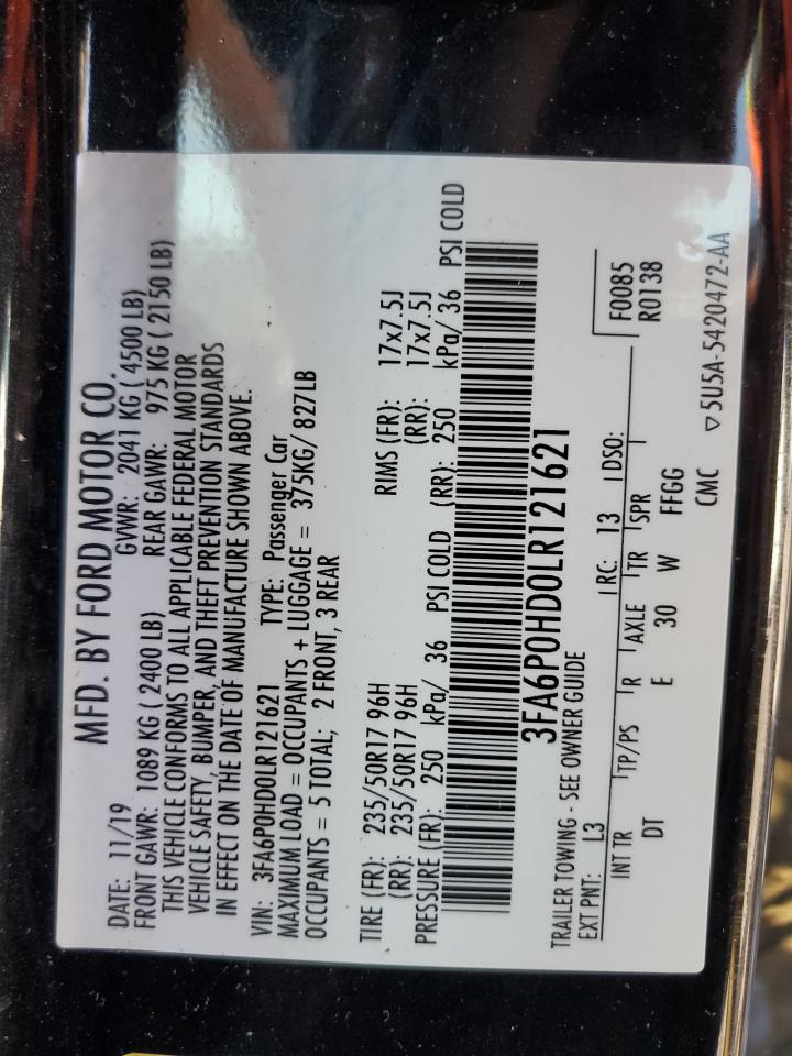 2020 Ford Fusion Se VIN: 3FA6P0HD0LR121621 Lot: 63519494