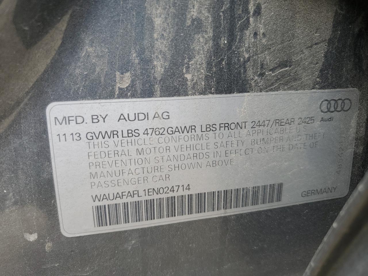 2014 Audi A4 Premium VIN: WAUAFAFL1EN024714 Lot: 62548414