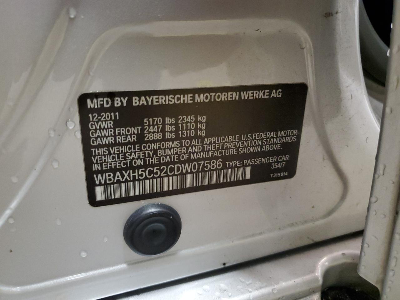 2012 BMW 528 Xi VIN: WBAXH5C52CDW07586 Lot: 64588824