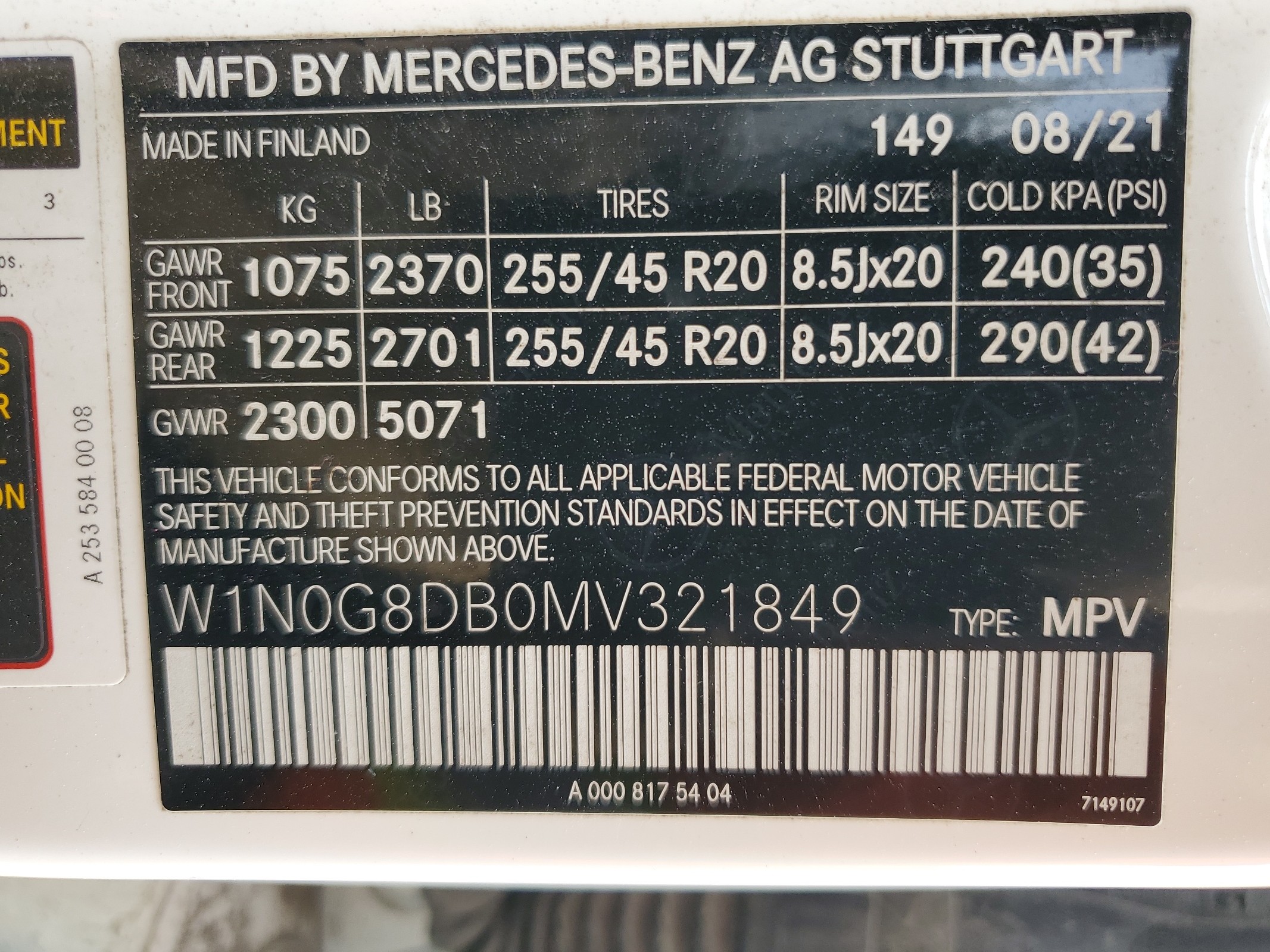 W1N0G8DB0MV321849 2021 Mercedes-Benz Glc 300