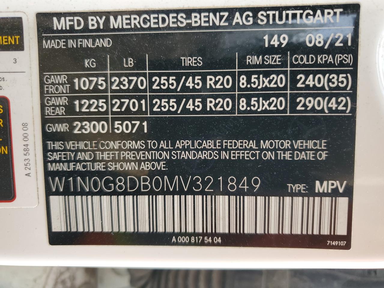 2021 Mercedes-Benz Glc 300 VIN: W1N0G8DB0MV321849 Lot: 61241434