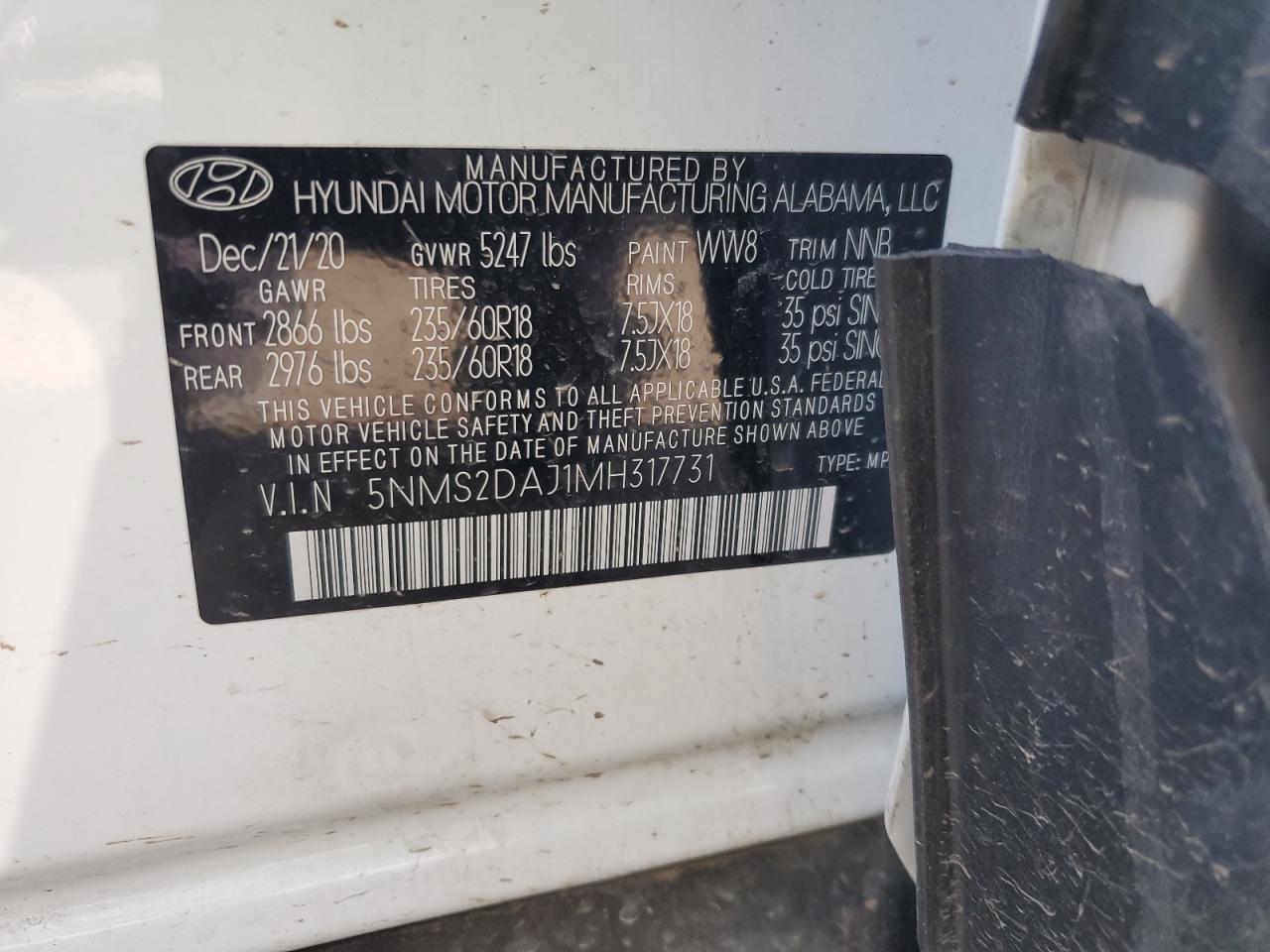 2021 Hyundai Santa Fe Sel VIN: 5NMS2DAJ1MH317731 Lot: 62323244