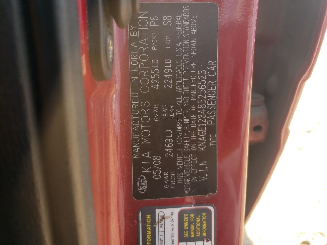 2008 Kia Optima Lx VIN: KNAGE123485256523 Lot: 61533064