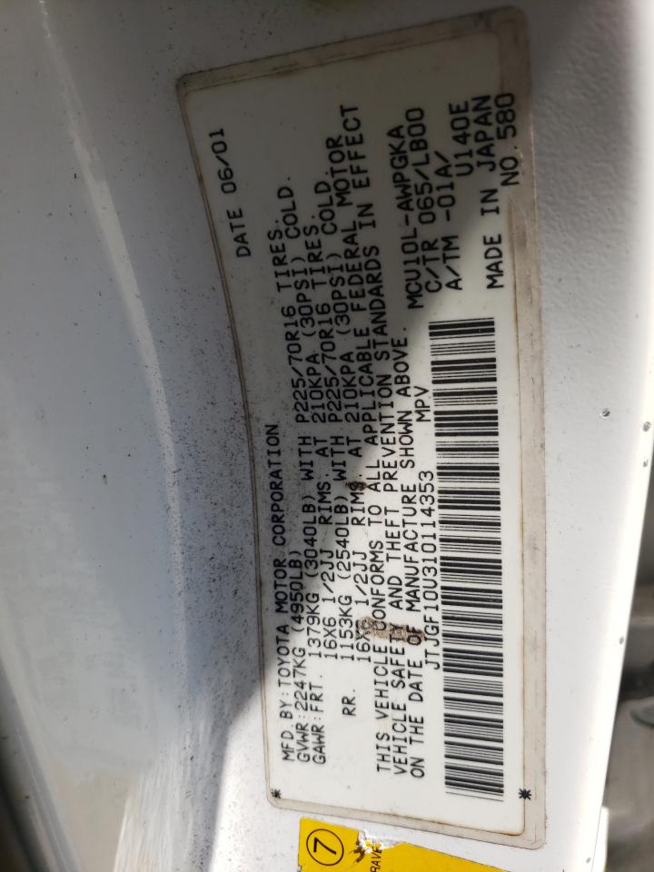 2001 Lexus Rx 300 VIN: JTJGF10U310114353 Lot: 65201434