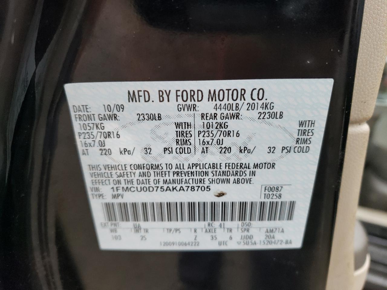 2010 Ford Escape Xlt VIN: 1FMCU0D75AKA78705 Lot: 62299834