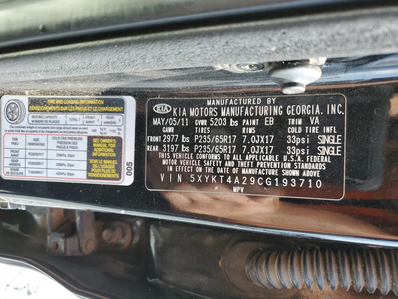 2012 Kia Sorento Base VIN: 5XYKT4A29CG193710 Lot: 61742054
