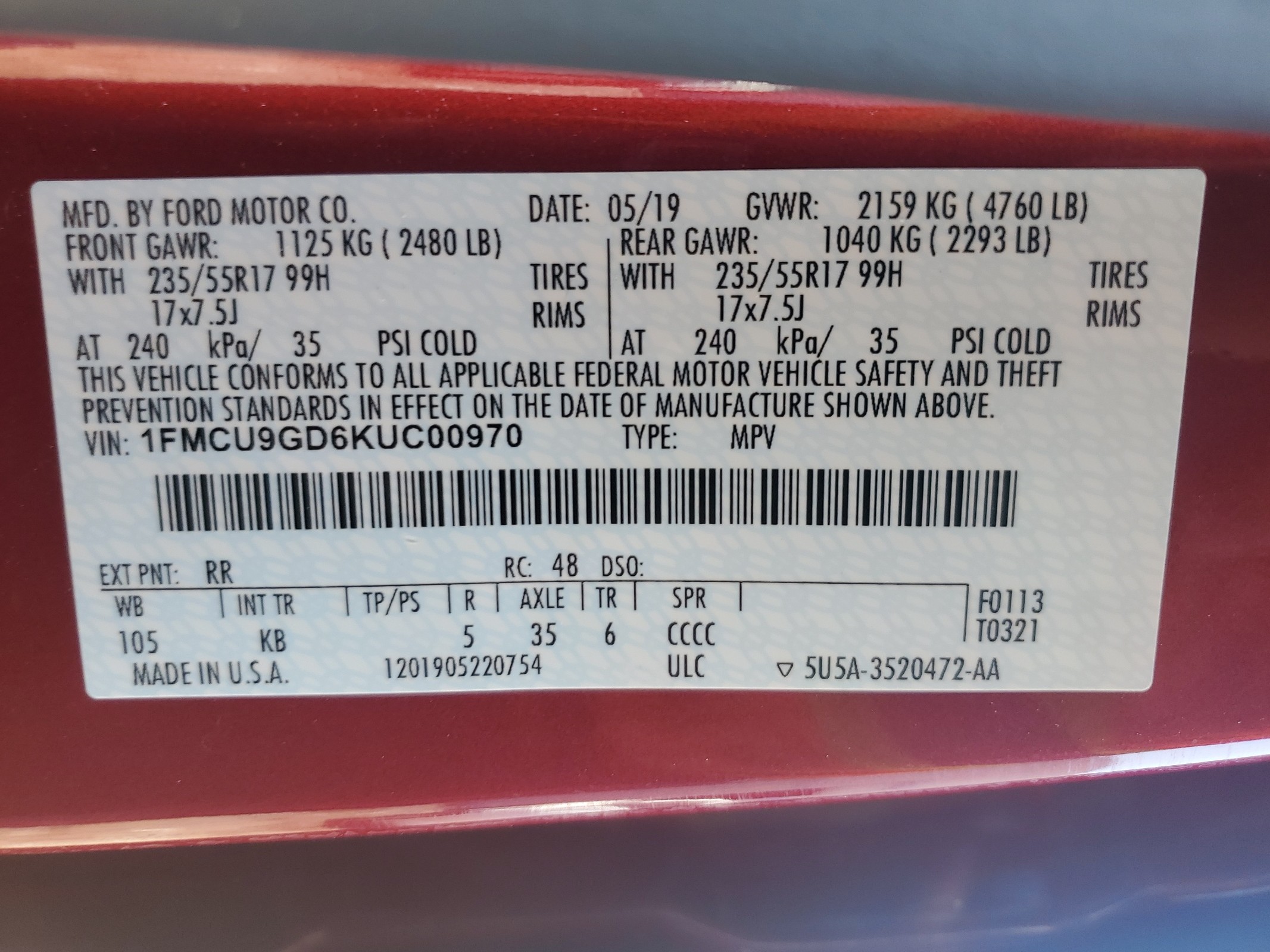 1FMCU9GD6KUC00970 2019 Ford Escape Se