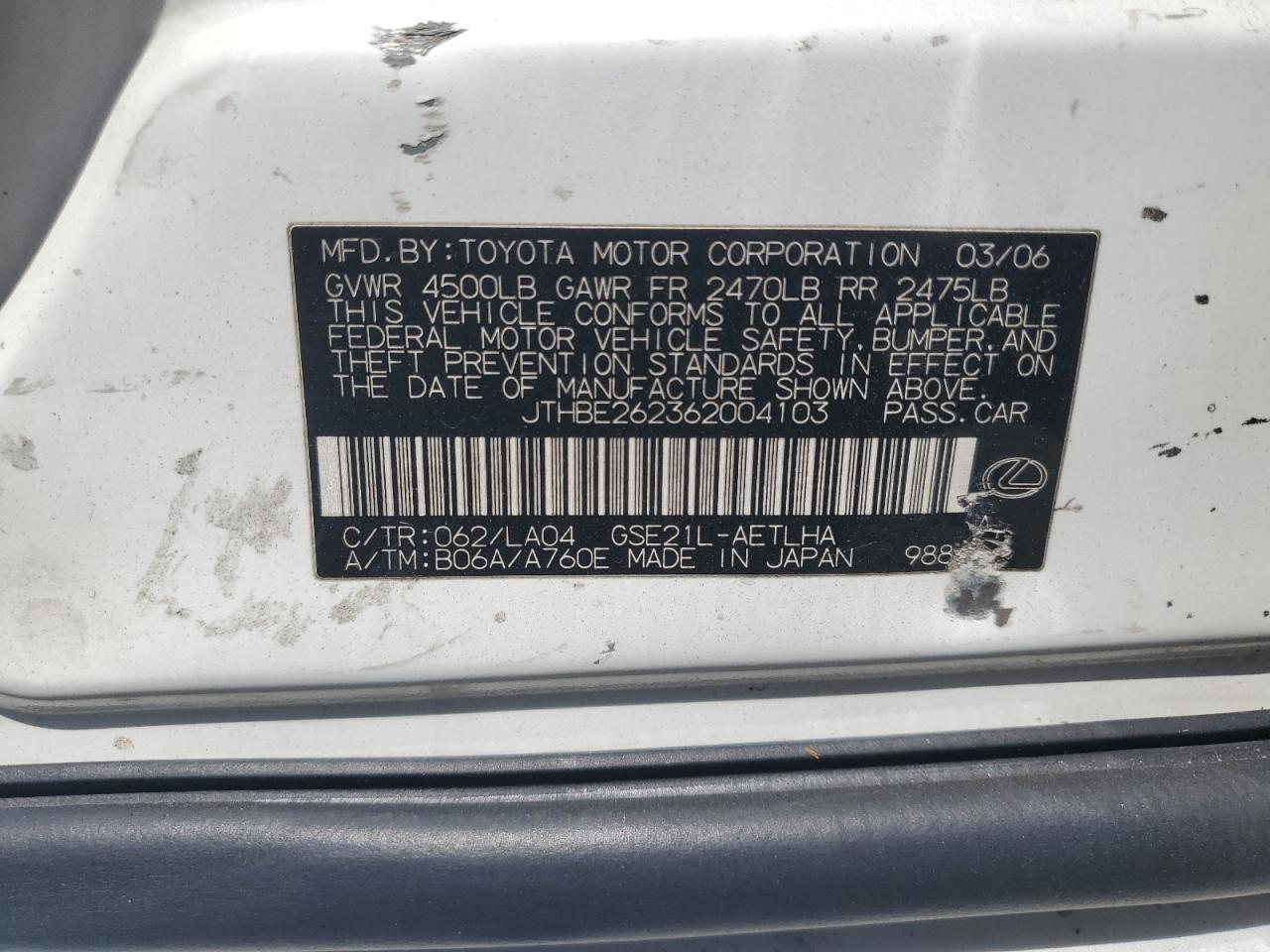 2006 Lexus Is 350 VIN: JTHBE262362004103 Lot: 64259104