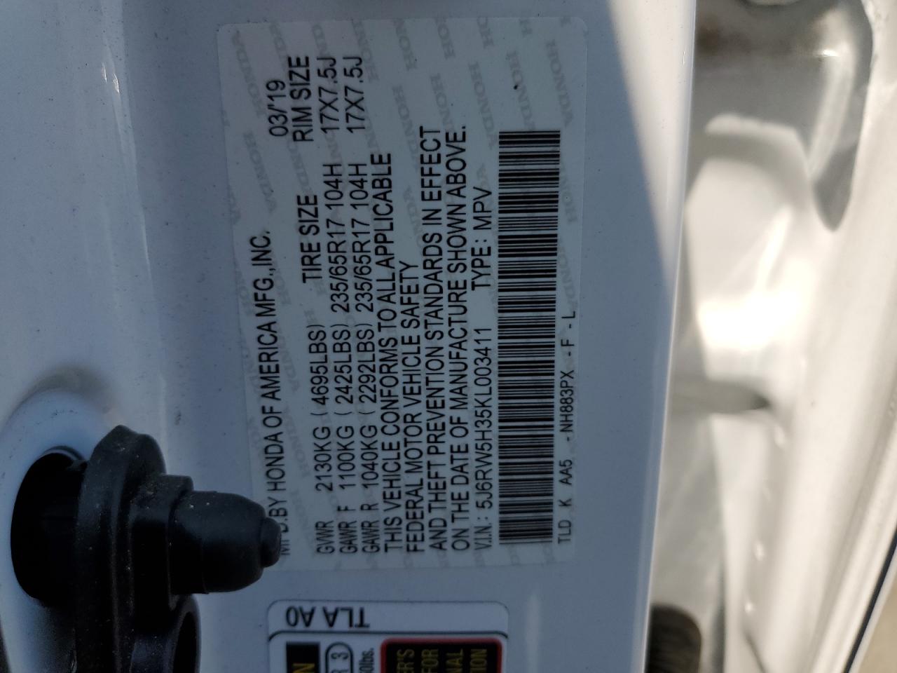 2019 Honda Cr-V Lx VIN: 5J6RW5H35KL003411 Lot: 62294134