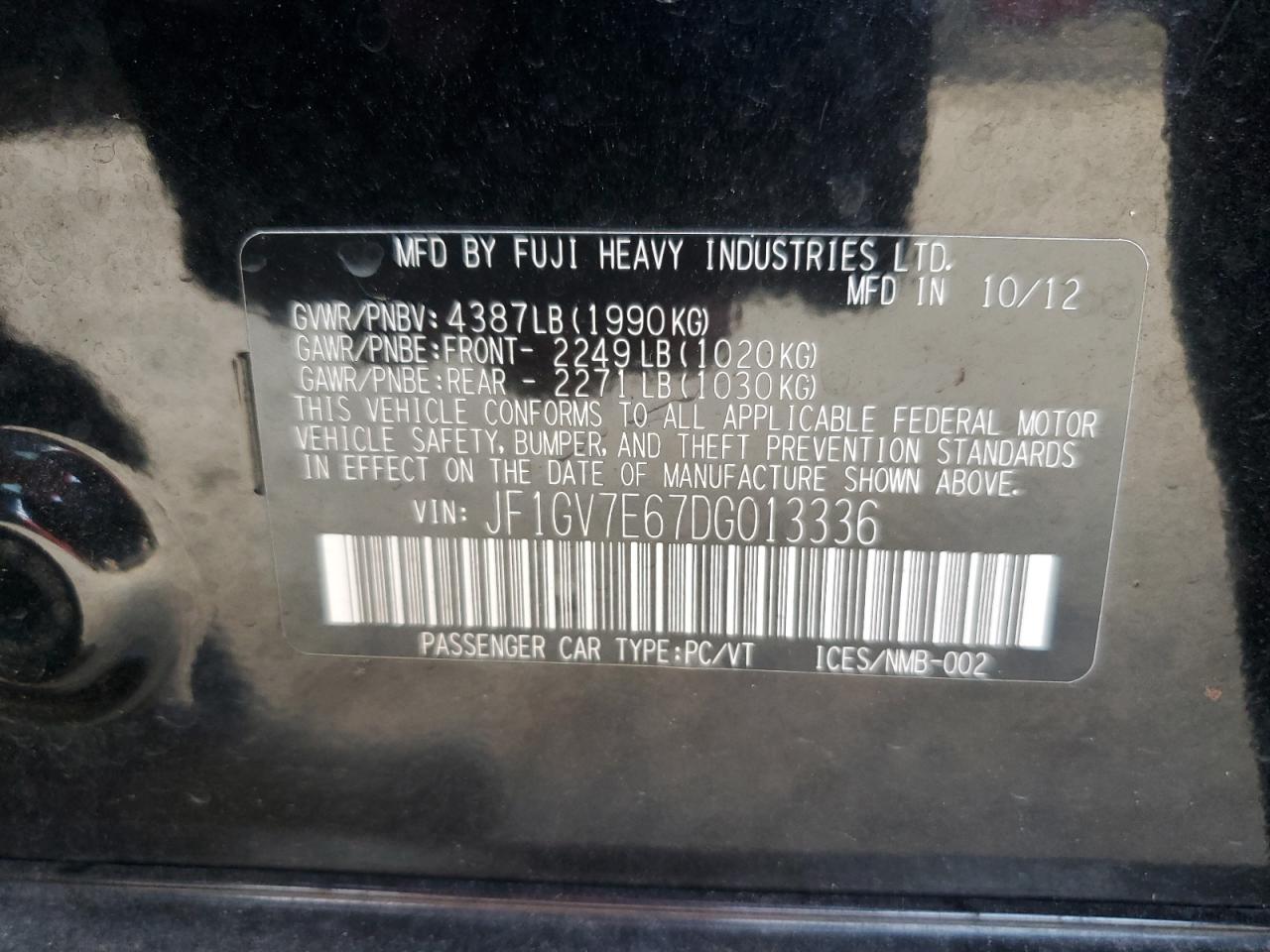 2013 Subaru Impreza Wrx VIN: JF1GV7E67DG013336 Lot: 63476164