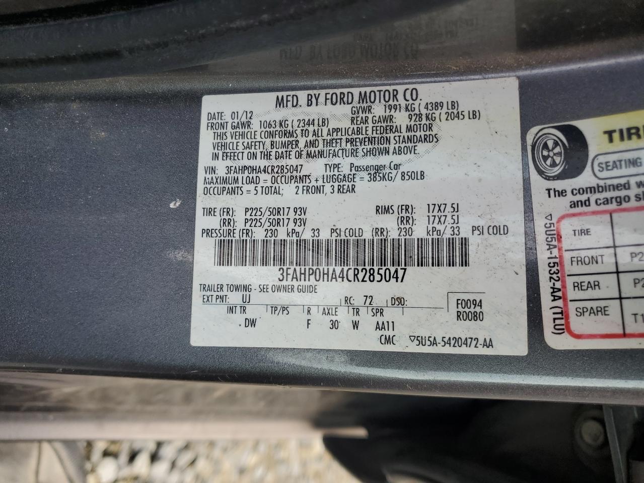 2012 Ford Fusion Se VIN: 3FAHP0HA4CR285047 Lot: 62336774