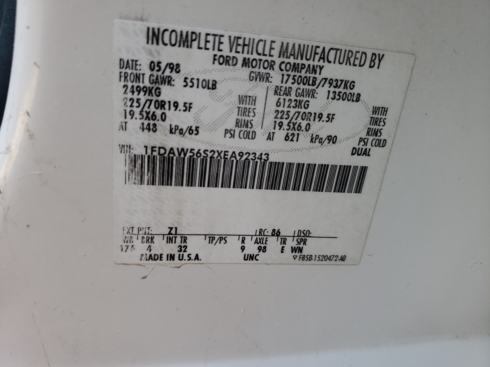 1FDAW56S2XEA92343 1999 Ford F550 Super Duty