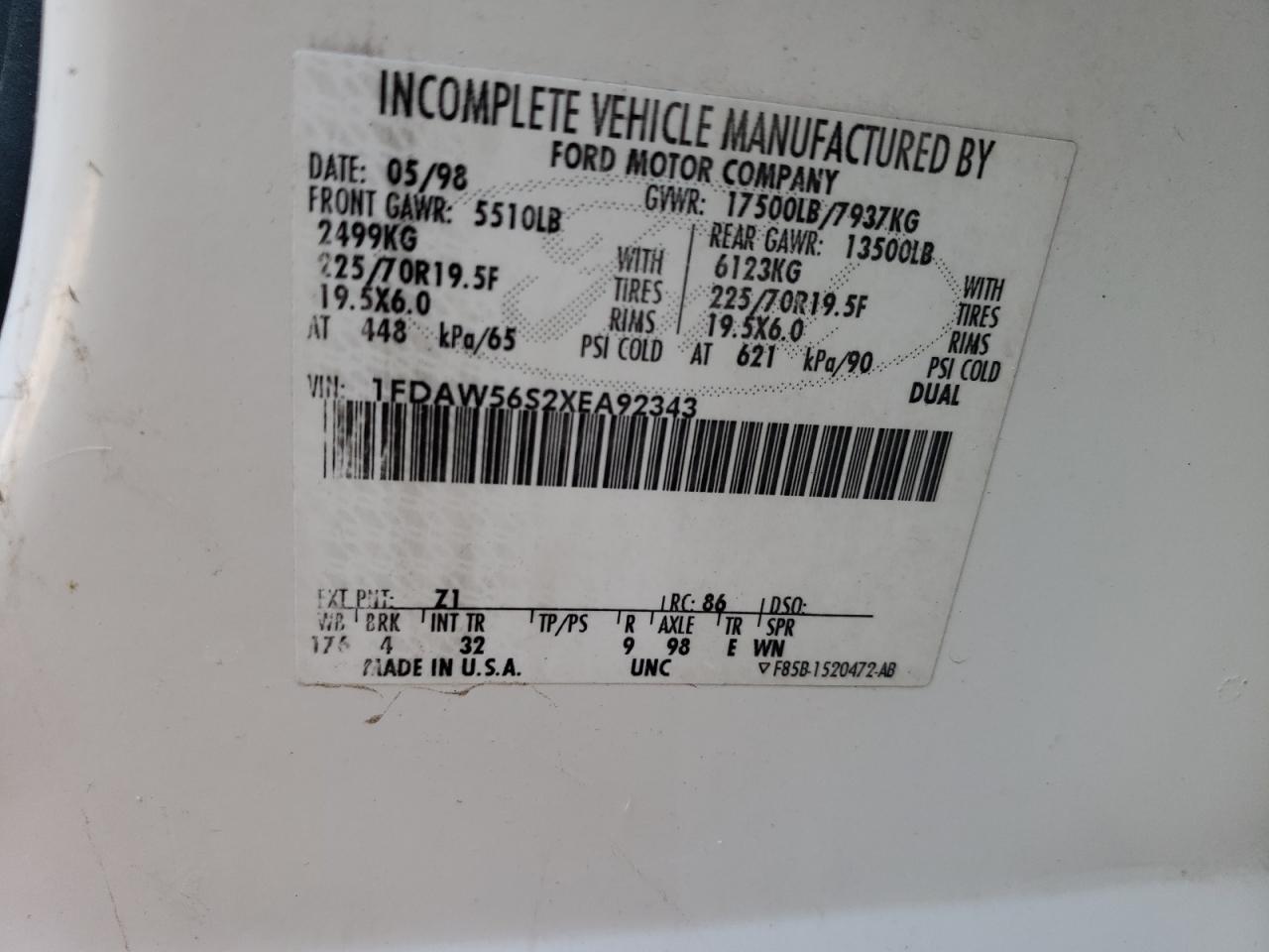 1999 Ford F550 Super Duty VIN: 1FDAW56S2XEA92343 Lot: 62872874