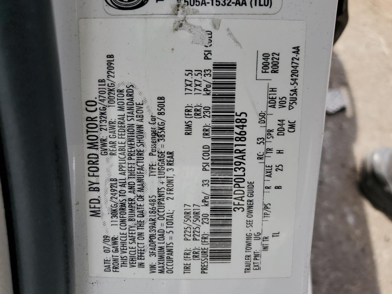 2010 Ford Fusion Hybrid VIN: 3FADP0L39AR186485 Lot: 62885734