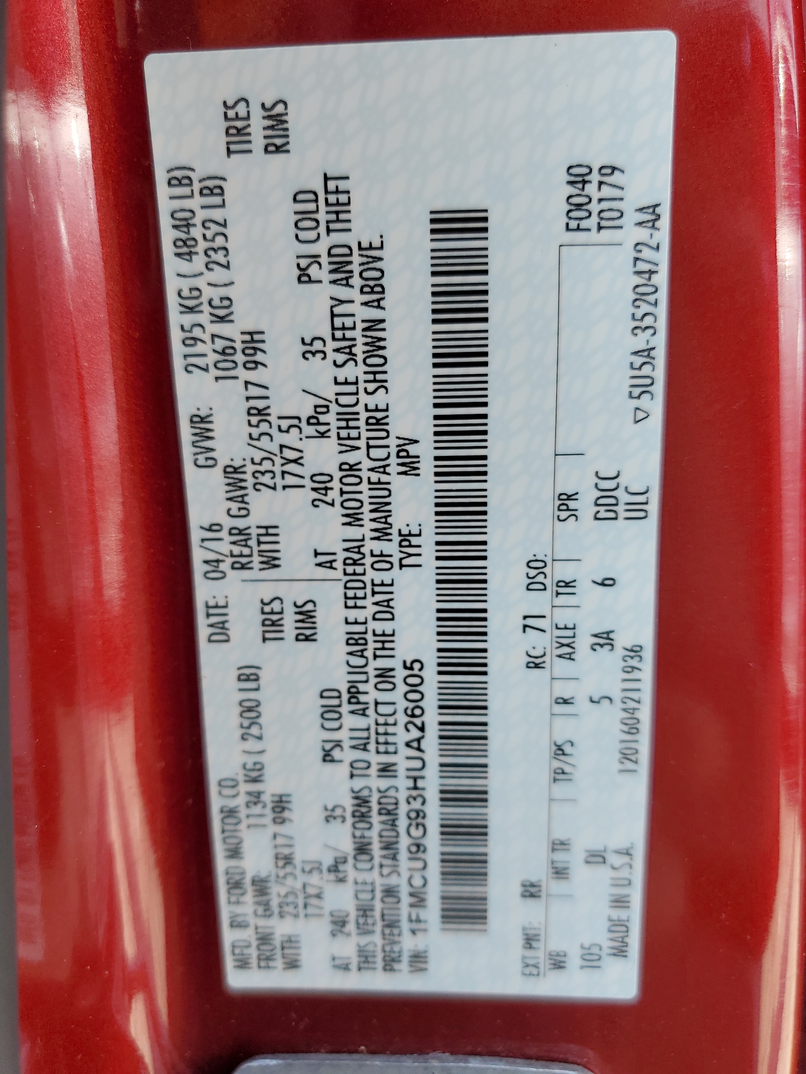 1FMCU9G93HUA26005 2017 Ford Escape Se