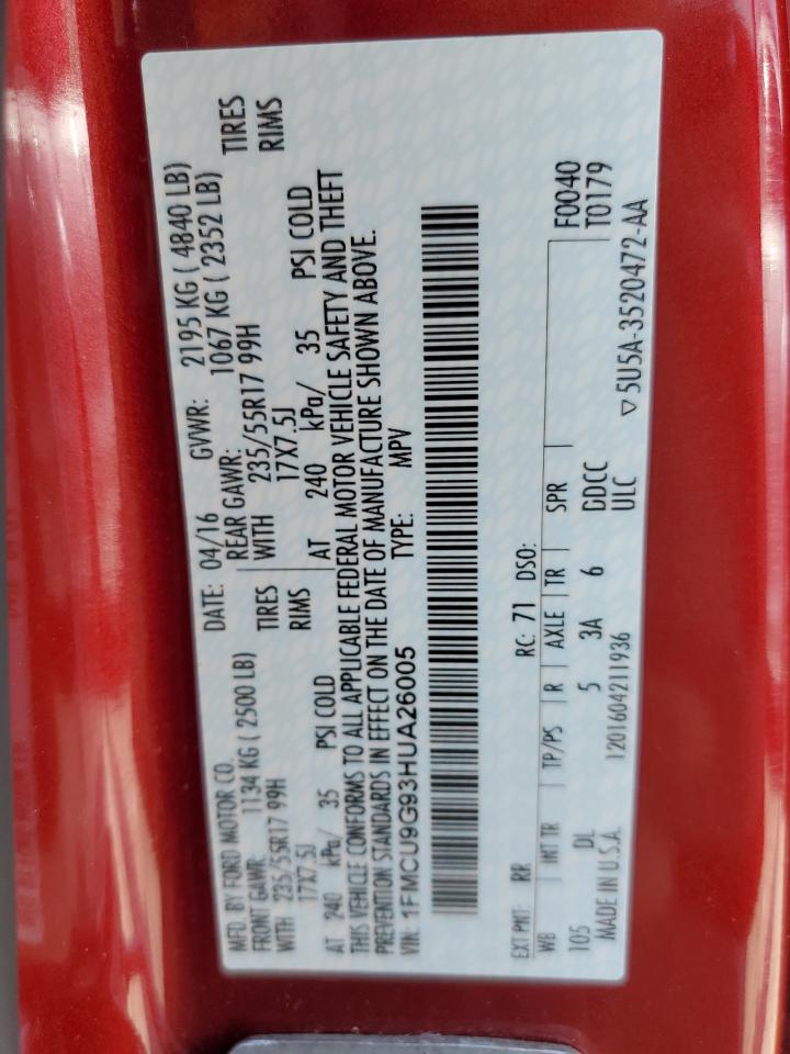 2017 Ford Escape Se VIN: 1FMCU9G93HUA26005 Lot: 64882404