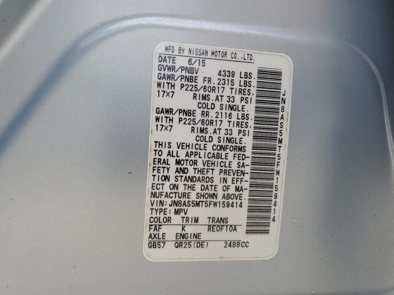 2015 Nissan Rogue Select S VIN: JN8AS5MT5FW159414 Lot: 65212244