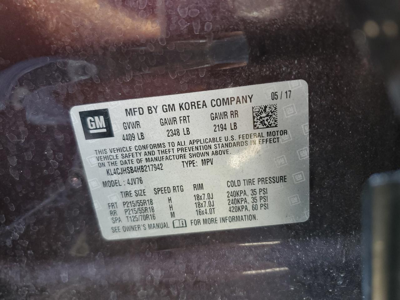 2017 Buick Encore Premium VIN: KL4CJHSB4HB217942 Lot: 62019814