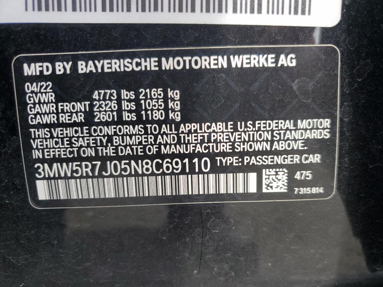2022 BMW 330Xi VIN: 3MW5R7J05N8C69110 Lot: 64385224