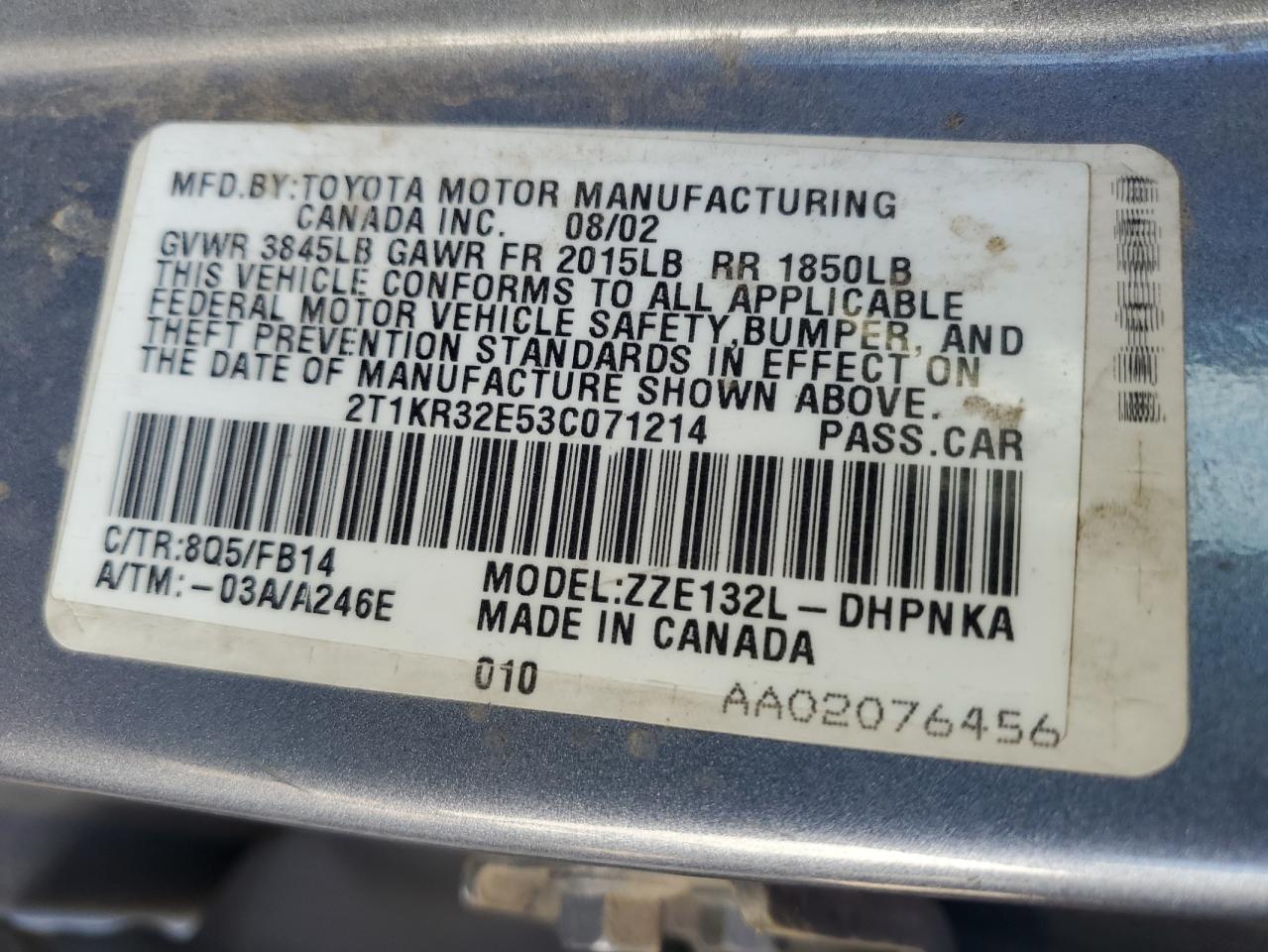 2003 Toyota Corolla Matrix Xr VIN: 2T1KR32E53C071214 Lot: 65091034