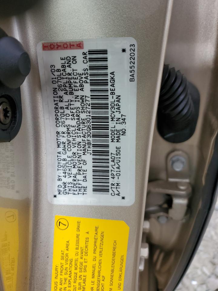 2003 Lexus Es 300 VIN: JTHBF30G630127277 Lot: 65429064