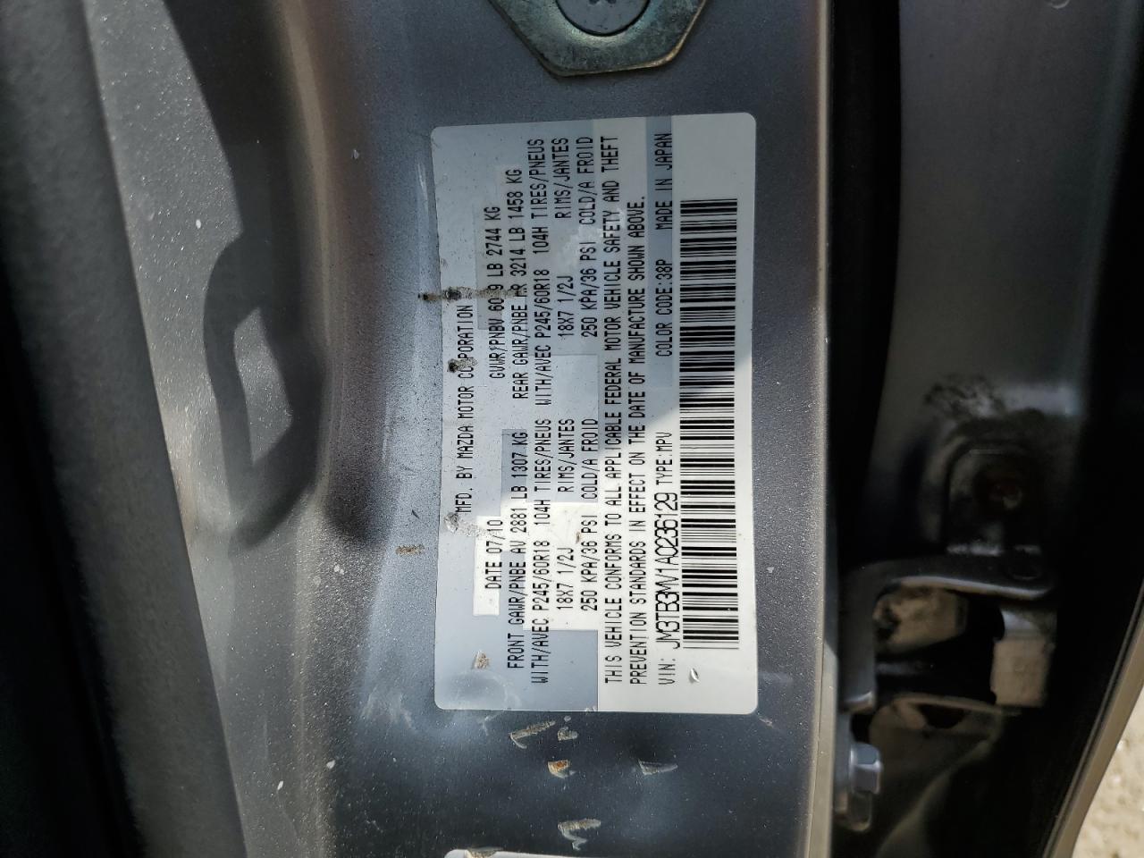 2010 Mazda Cx-9 VIN: JM3TB3MV1A0236129 Lot: 63624564