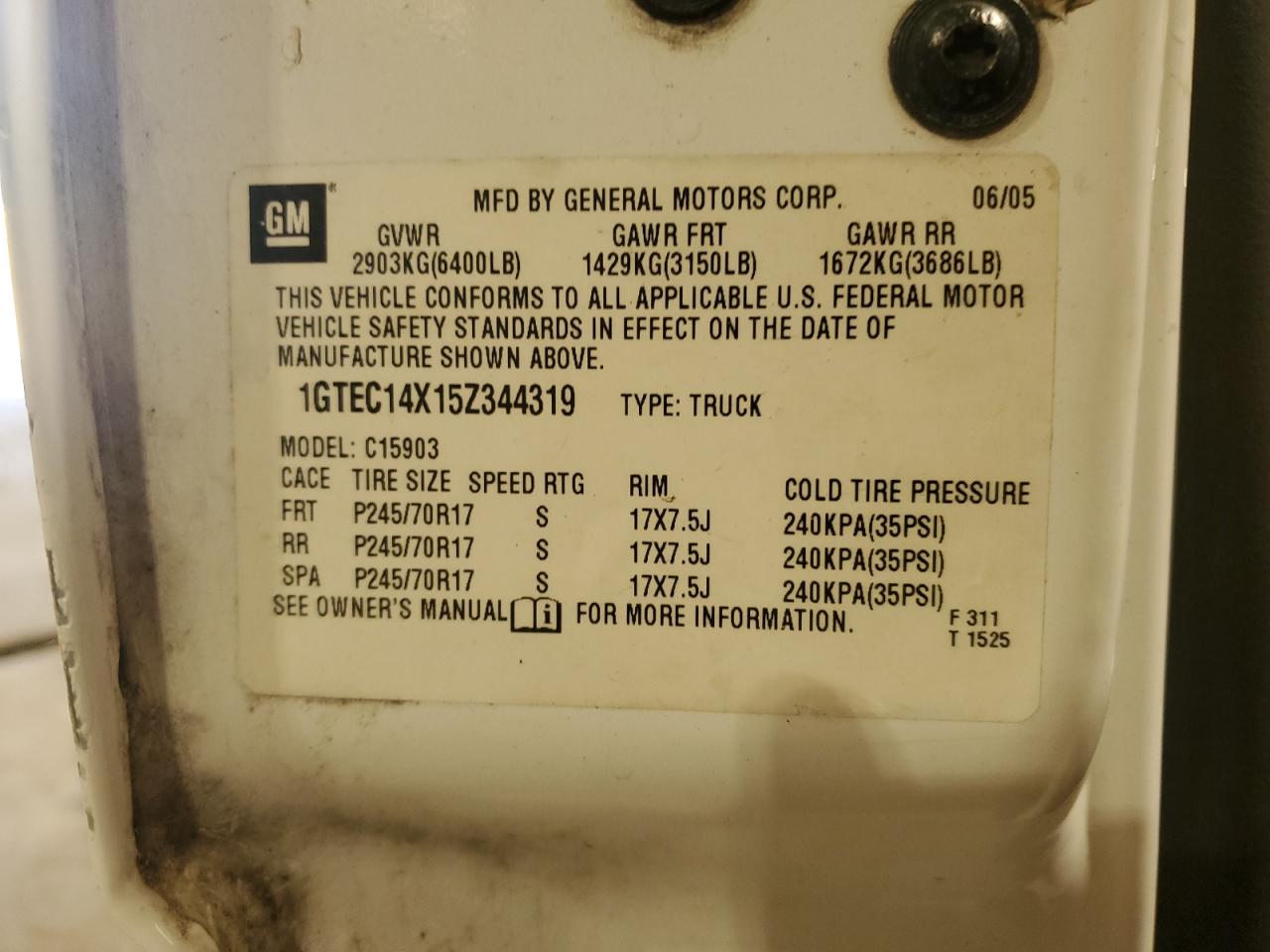 2005 GMC New Sierra C1500 VIN: 1GTEC14X15Z344319 Lot: 58322764