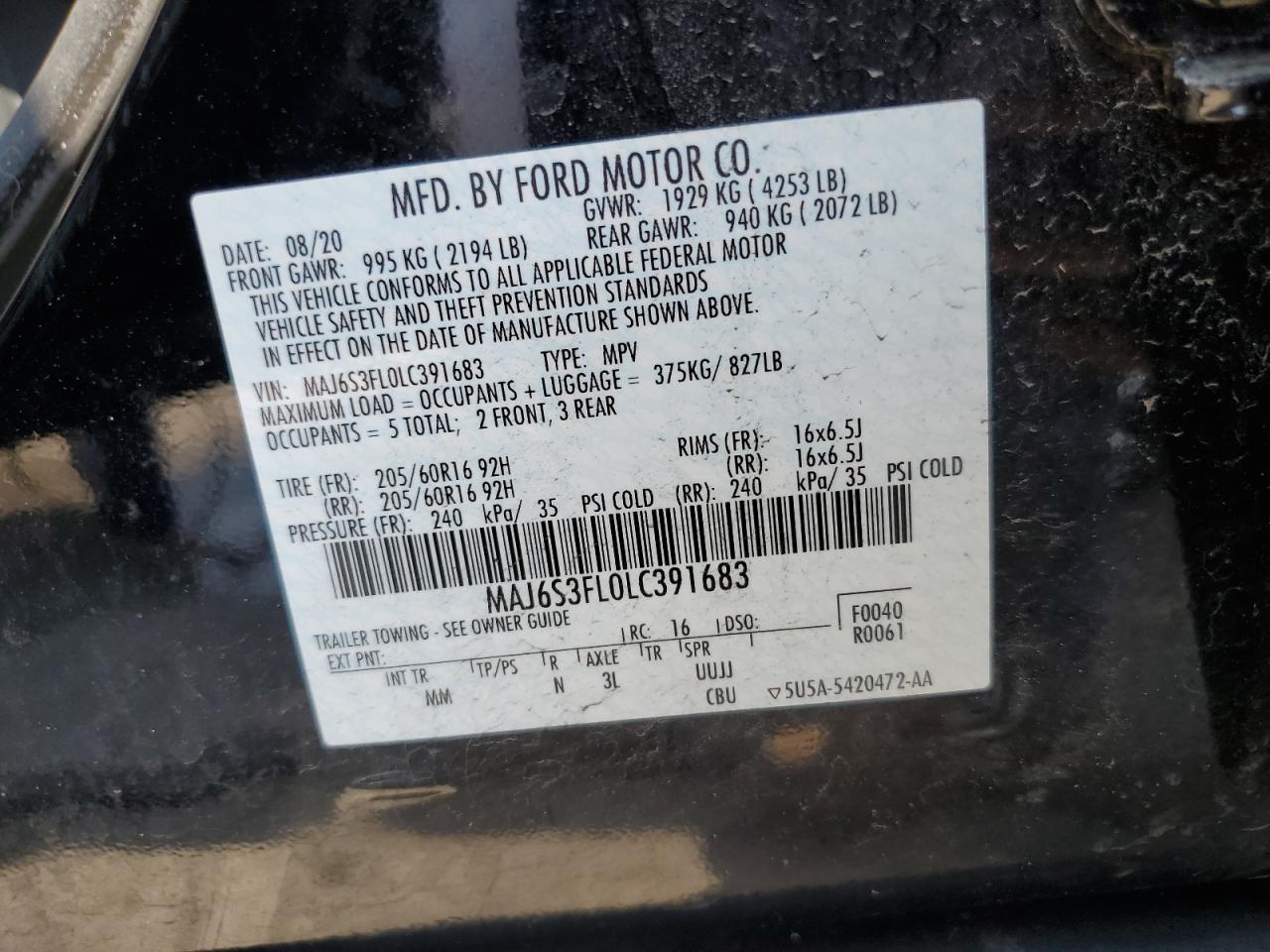 2020 Ford Ecosport S VIN: MAJ6S3FL0LC391683 Lot: 65142034