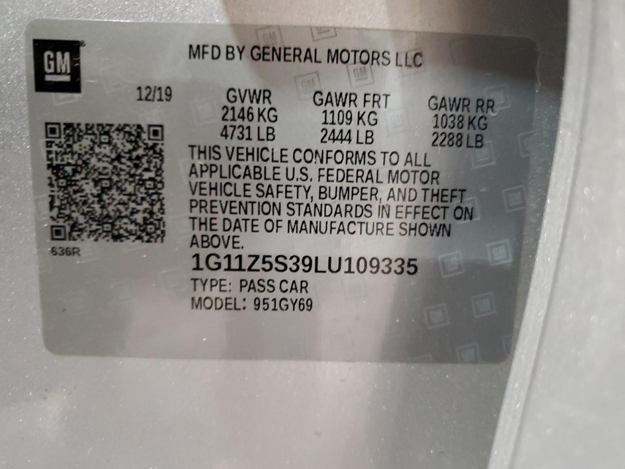 1G11Z5S39LU109335 2020 Chevrolet Impala Lt