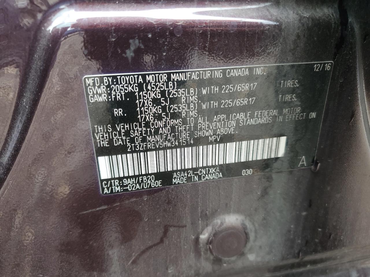 2017 Toyota Rav4 Le VIN: 2T3ZFREV5HW341514 Lot: 64201574