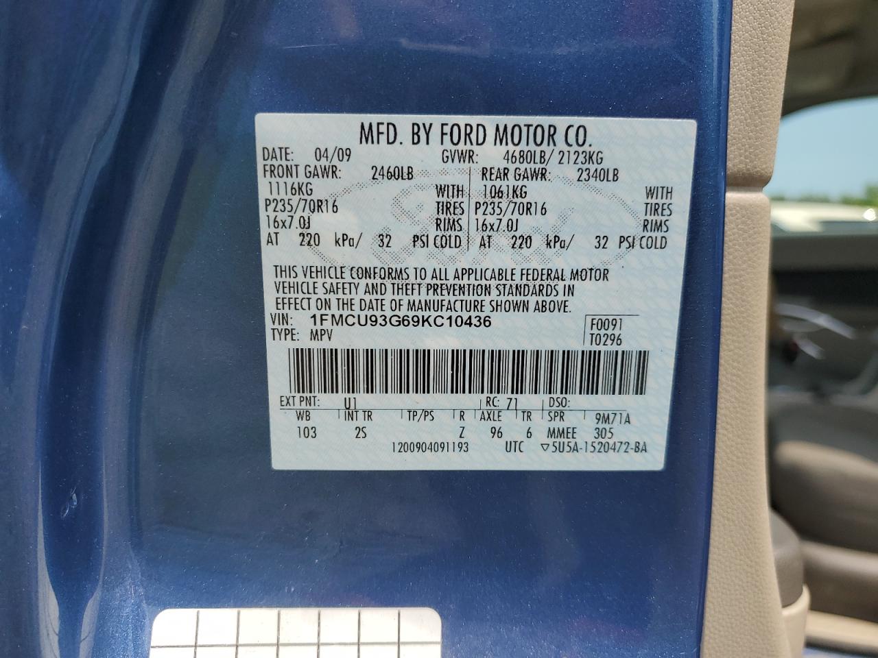 2009 Ford Escape Xlt VIN: 1FMCU93G69KC10436 Lot: 64510744