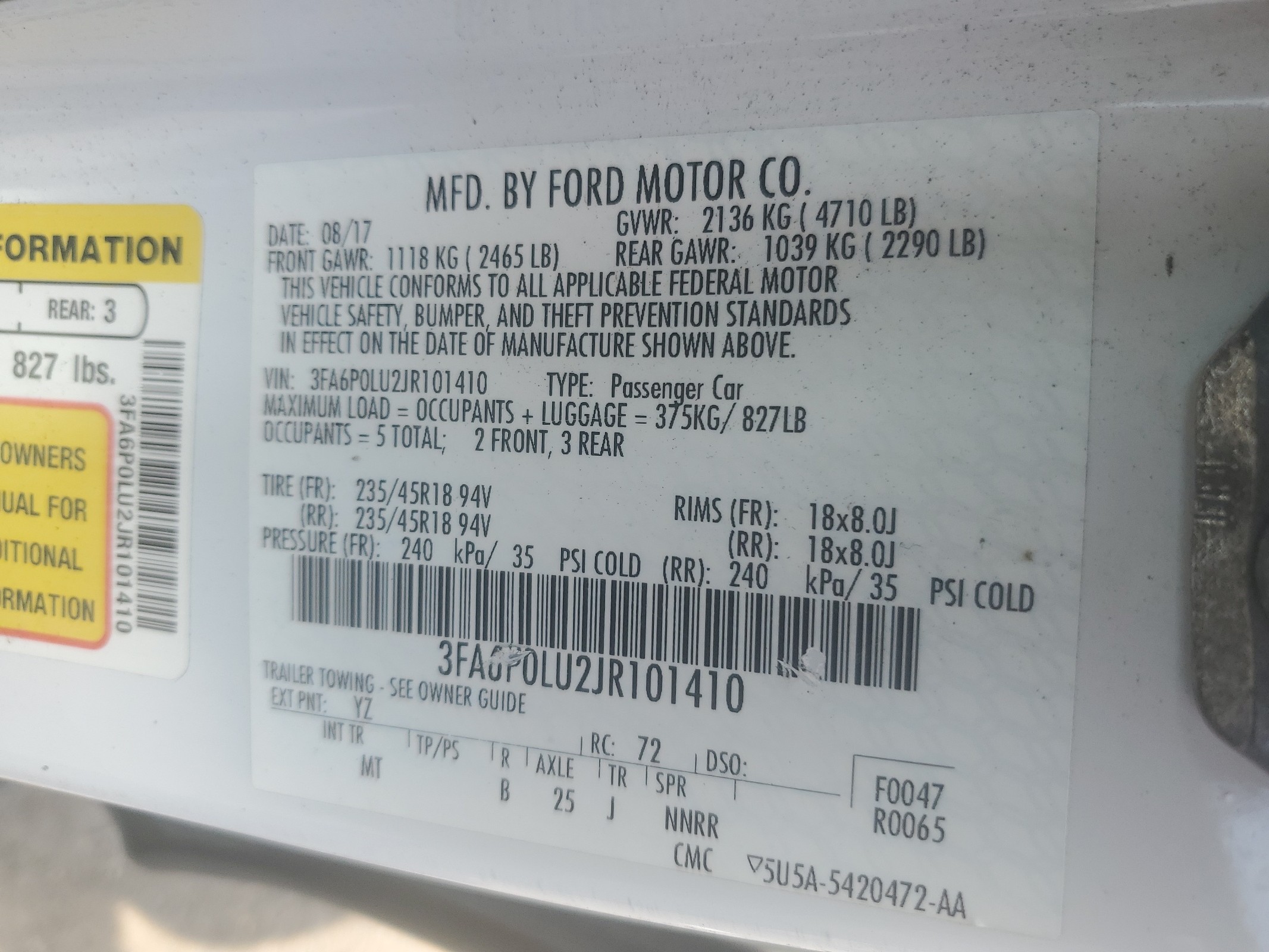 2018 Ford Fusion Se Hybrid vin: 3FA6P0LU2JR101410