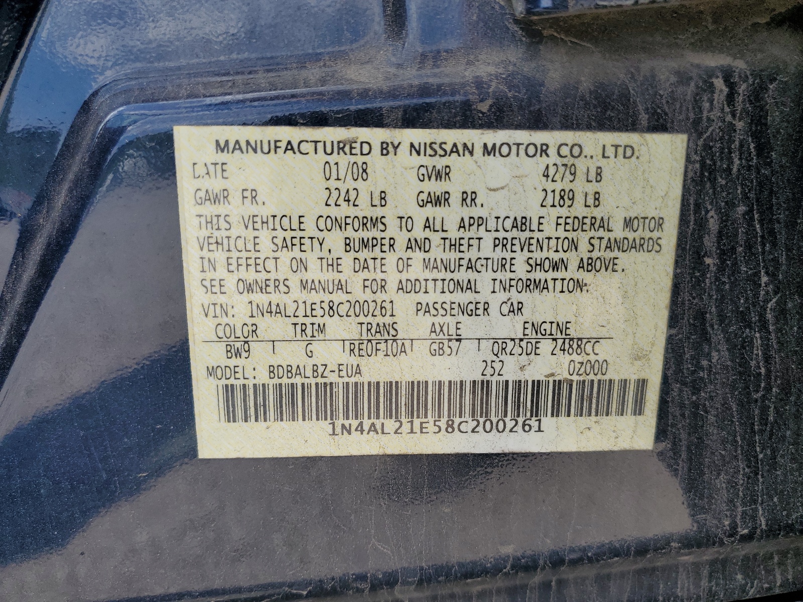 1N4AL21E58C200261 2008 Nissan Altima 2.5