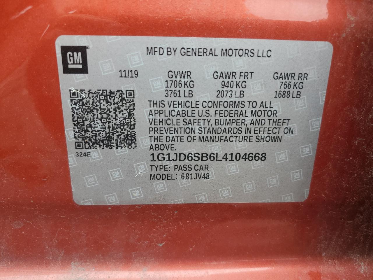 2020 Chevrolet Sonic Lt VIN: 1G1JD6SB6L4104668 Lot: 64466914