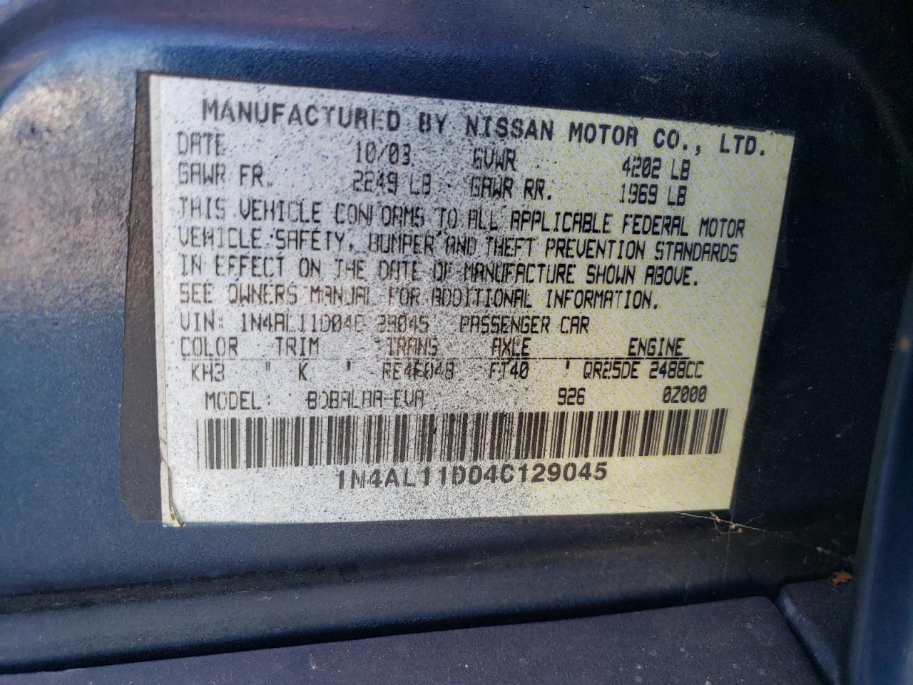 2004 Nissan Altima Base VIN: 1N4AL11D04C129045 Lot: 63143504