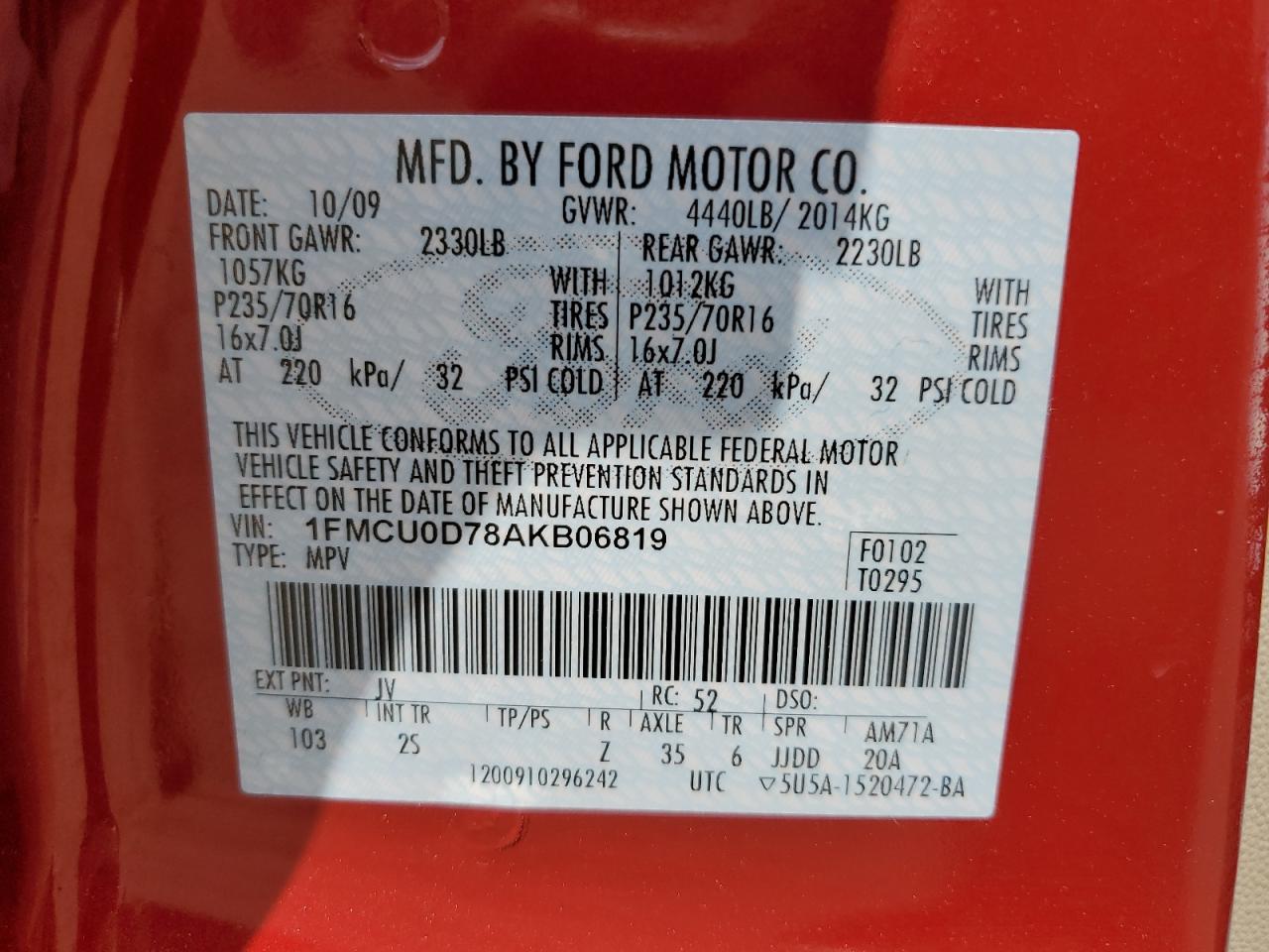 2010 Ford Escape Xlt VIN: 1FMCU0D78AKB06819 Lot: 64911444