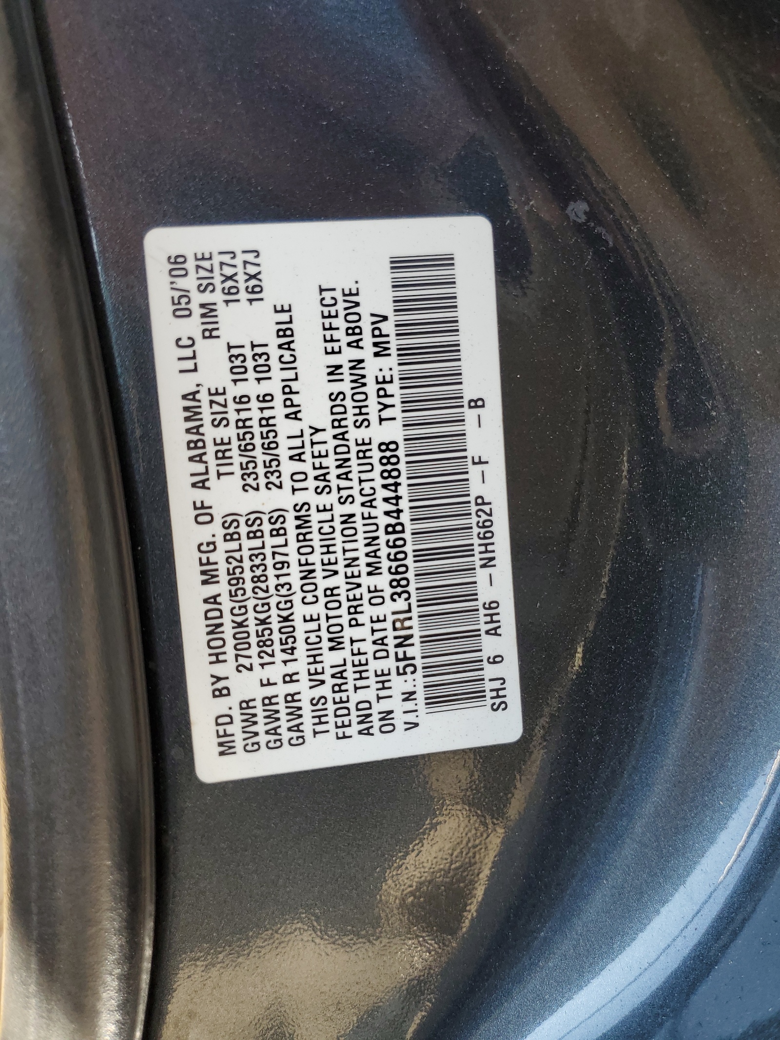 5FNRL38666B444888 2006 Honda Odyssey Exl